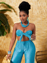 Women's Fashionable Solid Color Textured Material Strapless Top And Pants Set